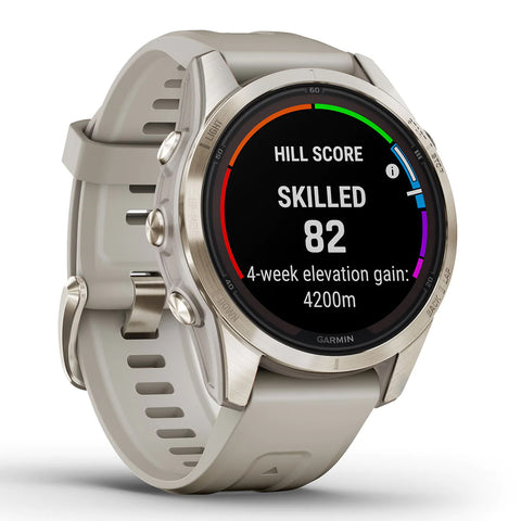 Light gold and light sand Garmin fenix 7S Pro with hill score on the display
