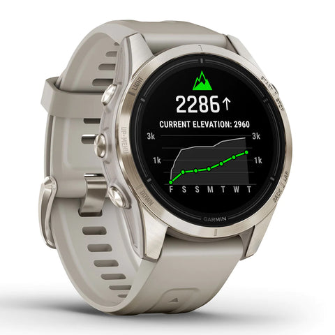 Soft gold and light sand Garmin epix Pro (Gen 2) with elevation on the watch face