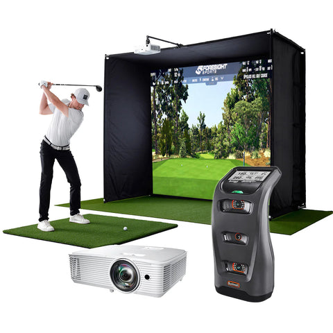 Golfer in a PlayBetter SimStudio complete golf simulator with a projector and Launch Pro in the foreground