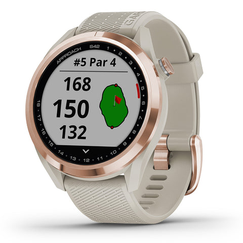 Rose Gold Garmin Approach S42 Golf Smartwatch showing distances