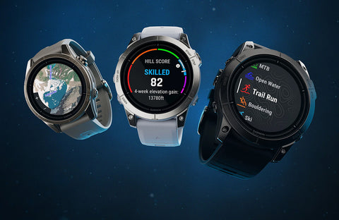 Three different sizes of the Garmin epix Pro (Gen 2) floating on a blue screen with different features on their displays