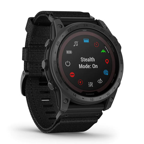 The Garmin tactix 7 military tactical GPS watch with Stealth mode selection on the display