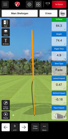 Phone image of simulation of golf shot with metrics like v-plane