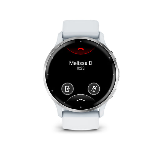White Garmin Venu 3 fitness watch with calling on the watch face
