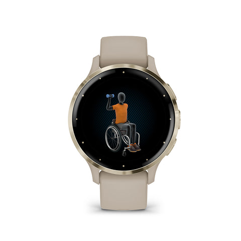 Gold and light sand Garmin Venu 3S with wheelchair activity on the display
