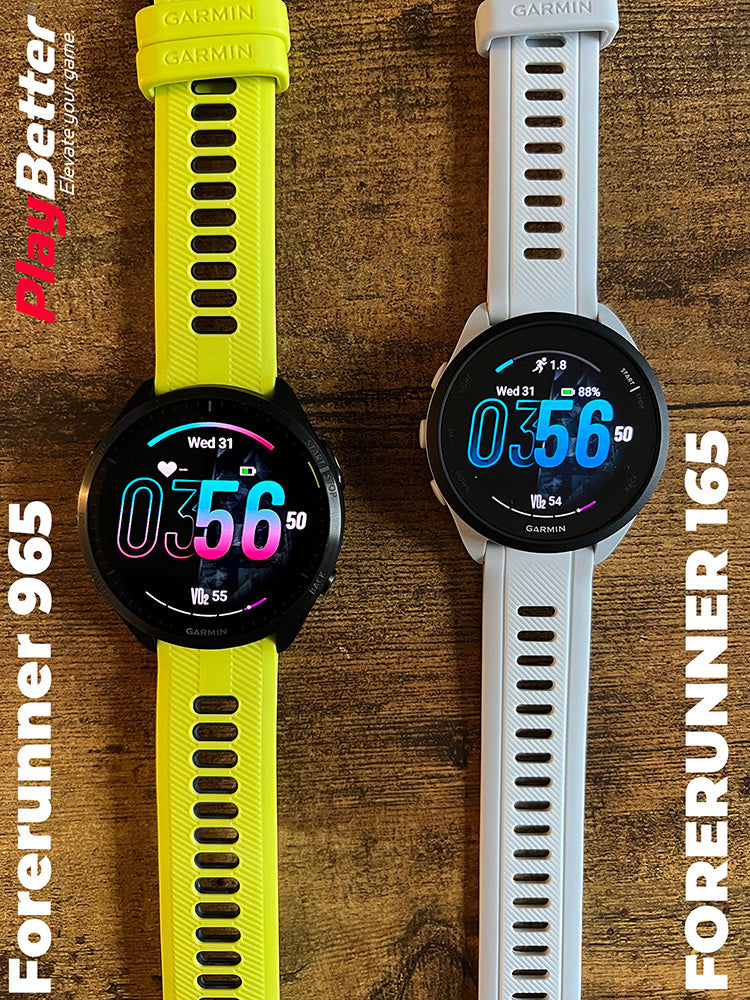 Yellow Garmin Forerunner 965 laid next to a gray Forerunner 165 running GPS watch