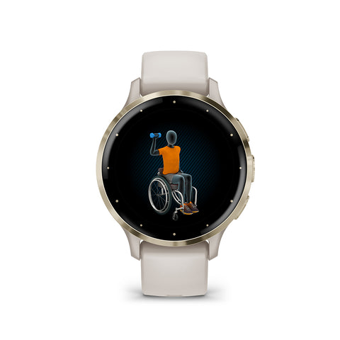 Gold and tan Garmin Venu 3S with animated wheelchair activity on the AMOLED display