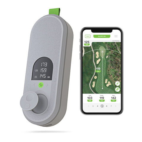 The Precision Pro golf speaker next to a smartphone with the Precision Pro app on the display