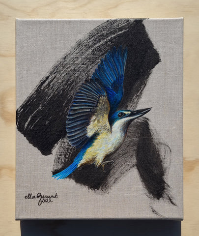 Te Reregna o te Kotare - a painting of a Kotare / Kingfisher flying upon a black swooping brush mark on linen stretch linen canvas