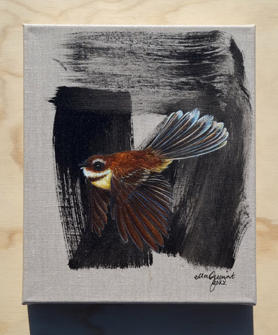 Te Reregna o te Piwakawaka - a painting of a Piwakawaka / Fantail flying upon a black swooping brush mark on linen stretch linen canvas