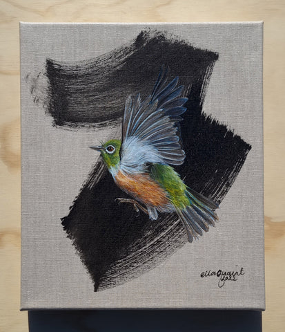 Te Reregna o te Tauhou - a painting of a Tauhou / Silvereye flying upon a black swooping brush mark on linen stretch linen canvas