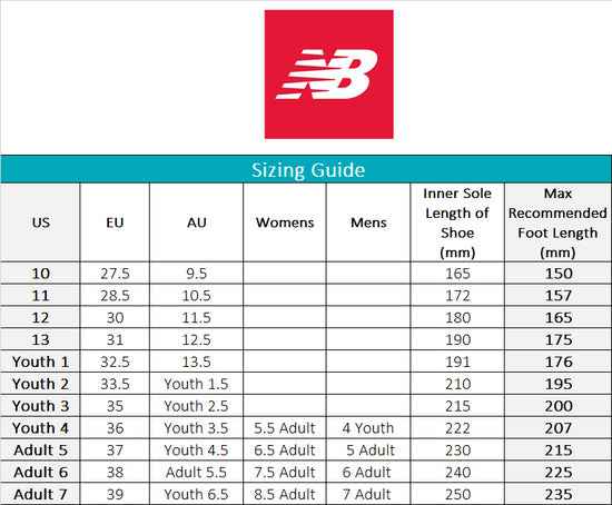 new balance kids shoes size chart