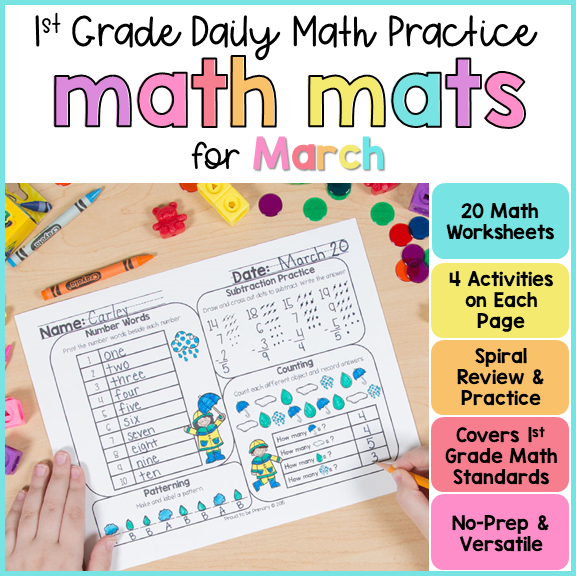 March Math Review Worksheets for First Grade