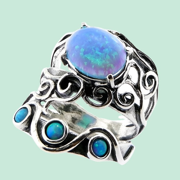 Bluenoemi - Silver ring for woman set with blue opal bohemian rings ...