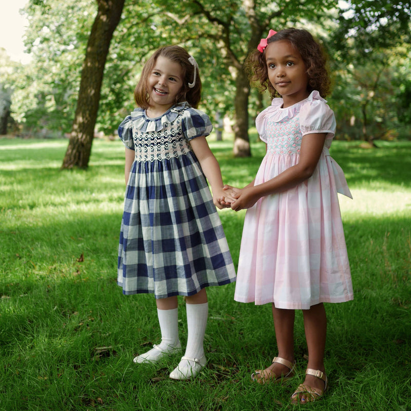 Katherine Johnson Dress In the Navy Gingham with Pinky Pearl Hand Smocking