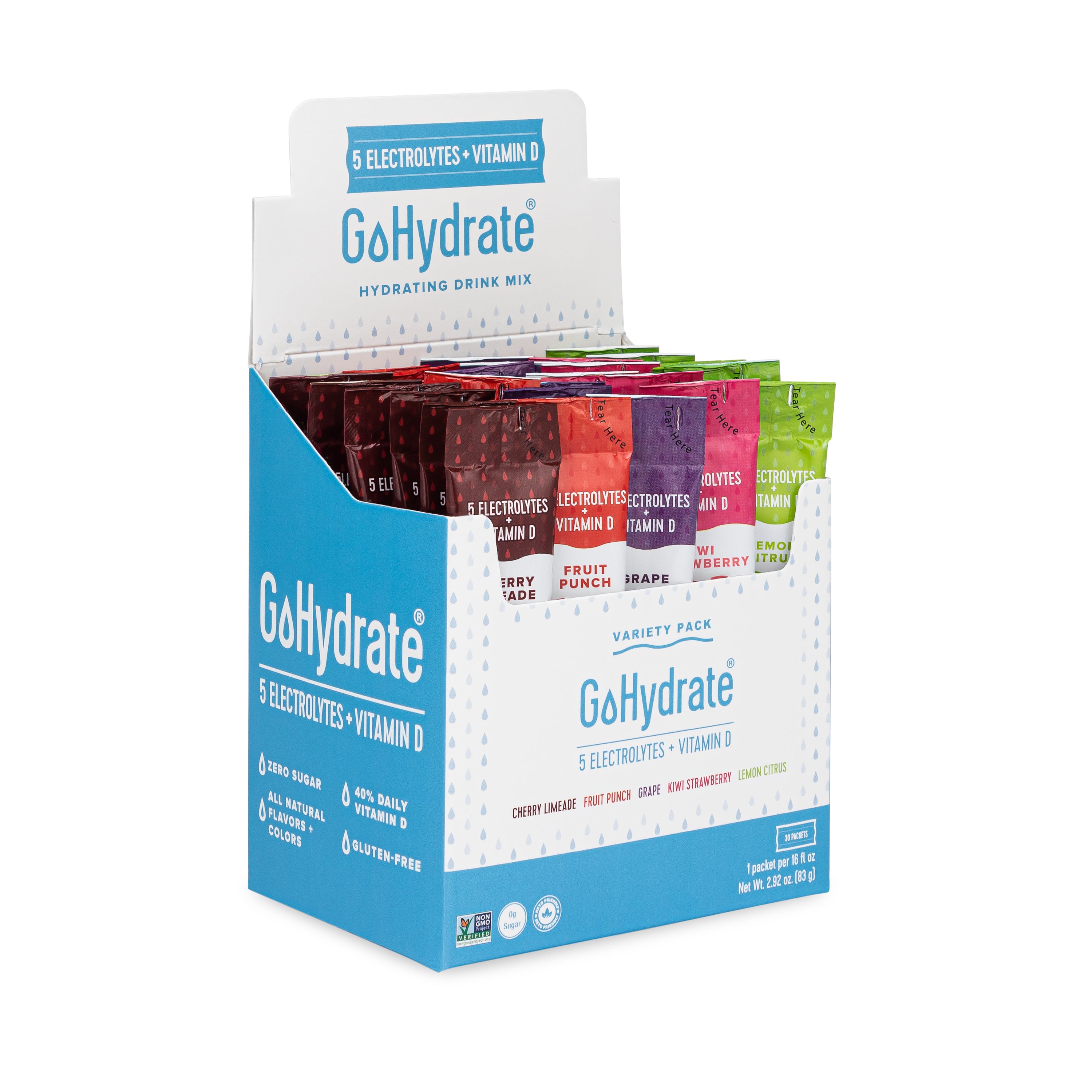 AL GoHydrate HYDRATING DRINK MIX T LA N N JIND TAMIN e YT IRRY FRUIT *ADE JUNCH SRAPE VARIETY PACK ROLYTES * VITAMIND ' 5 ELECT aonct GhaPE Y STRAMEE RRY LEMON CITRUS CHERRY LIMEADE FRUIT Tl 1pfloz L 290 02.83 vERnFKED rrrrrrrrrrrrrr 