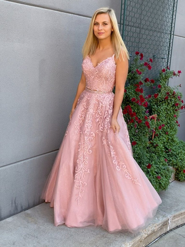 A Line Pink Long Lace Prom Dress with Double Straps, Pink Long