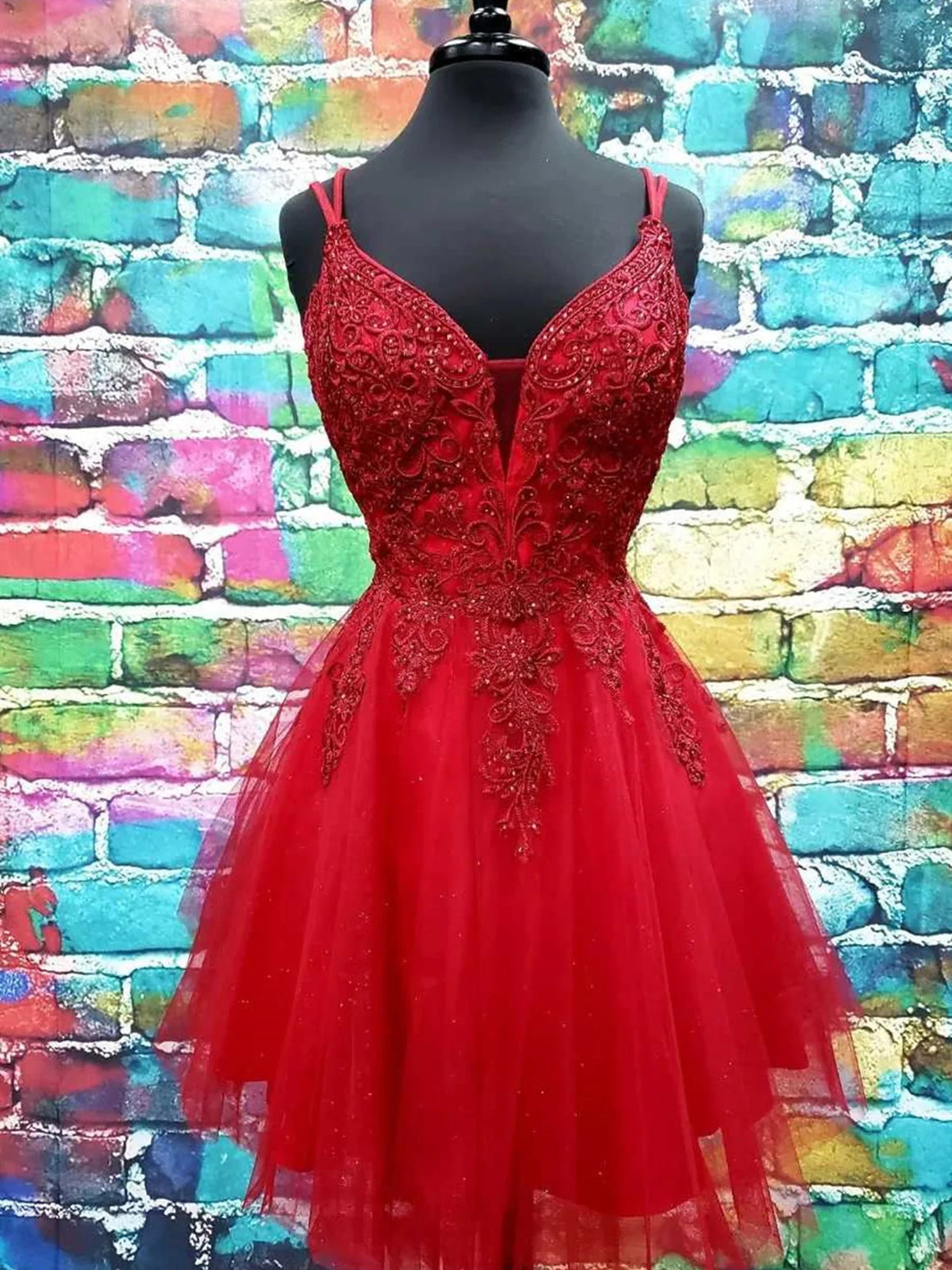 V Neck Red Lace Prom Dresses, Red Lace Formal Graduation Dresses - shegown