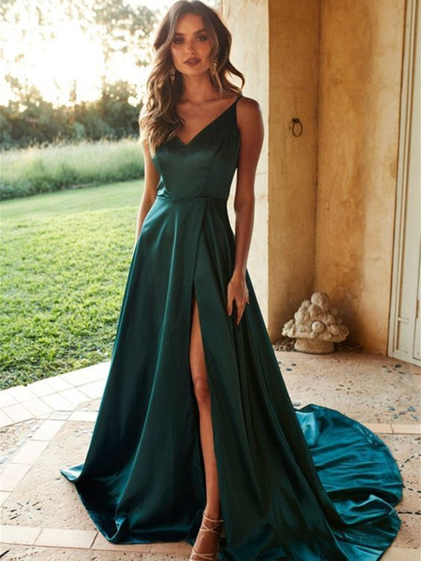 A Line V Neck Dark Green Lace Top Long Prom Dresses with Slit, Dark Gr –  morievent