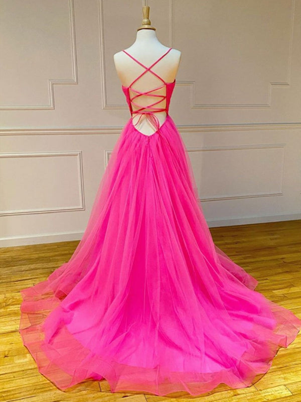 A Line V Neck Hot Pink Long Prom Dresses, V Neck Hot Pink Long Formal
