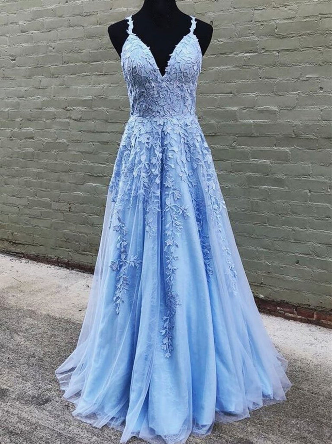 A Line V Neck Light Blue White Lace Prom Dresses, Light Blue White Lac -  shegown