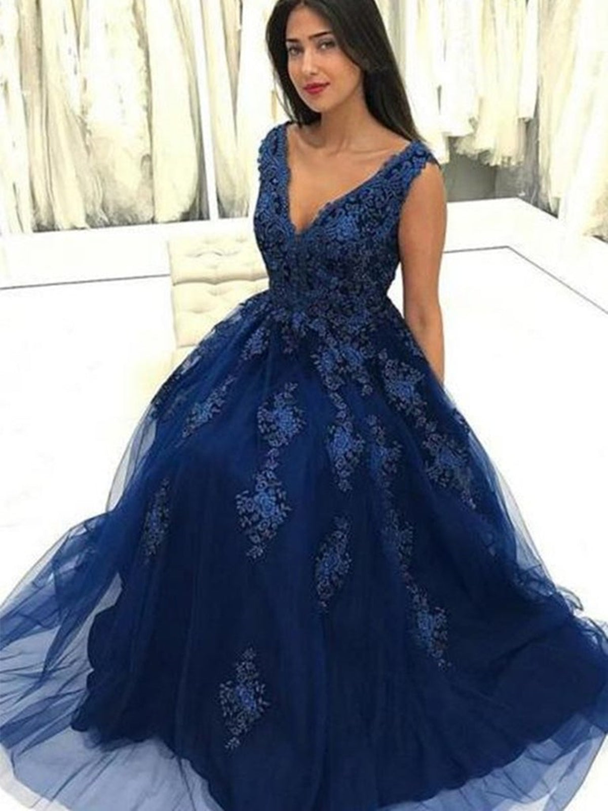 Stylish V Neck Beaded Navy Blue Lace Prom Dresses, Navy Blue Lace Form –  Shiny Party