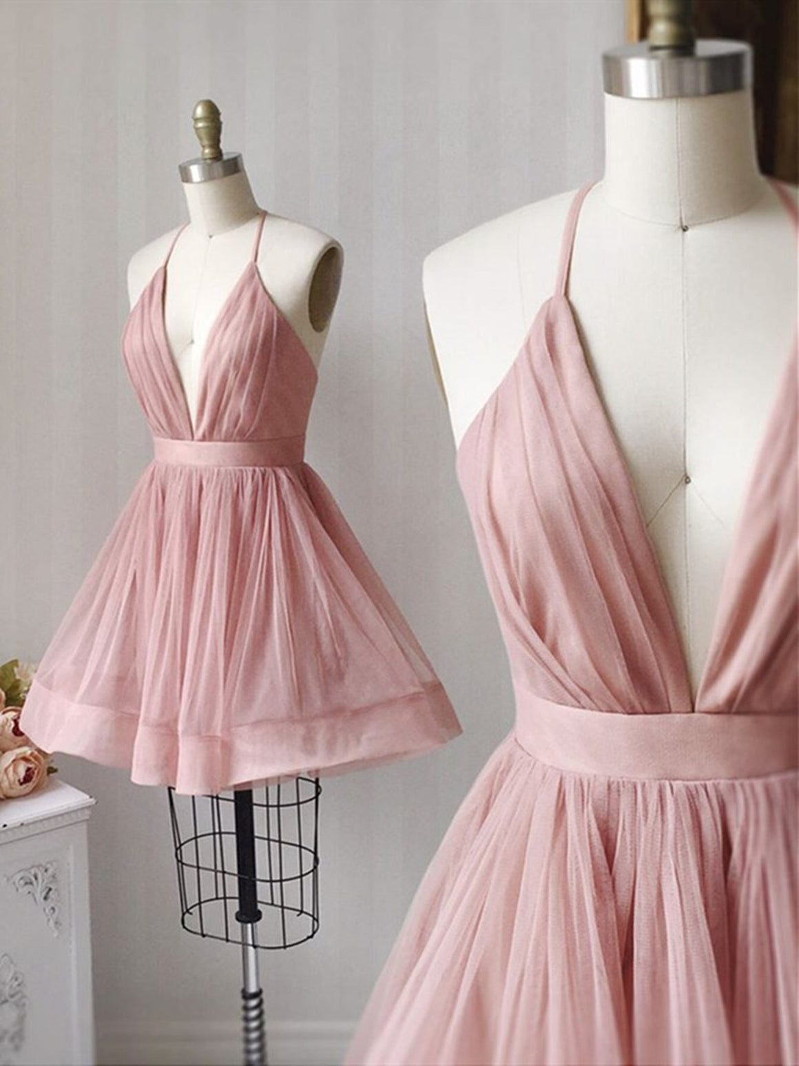 A Line V Neck Short Pink Prom Dresses, Short Pink Satin Formal Homecom –  jbydress