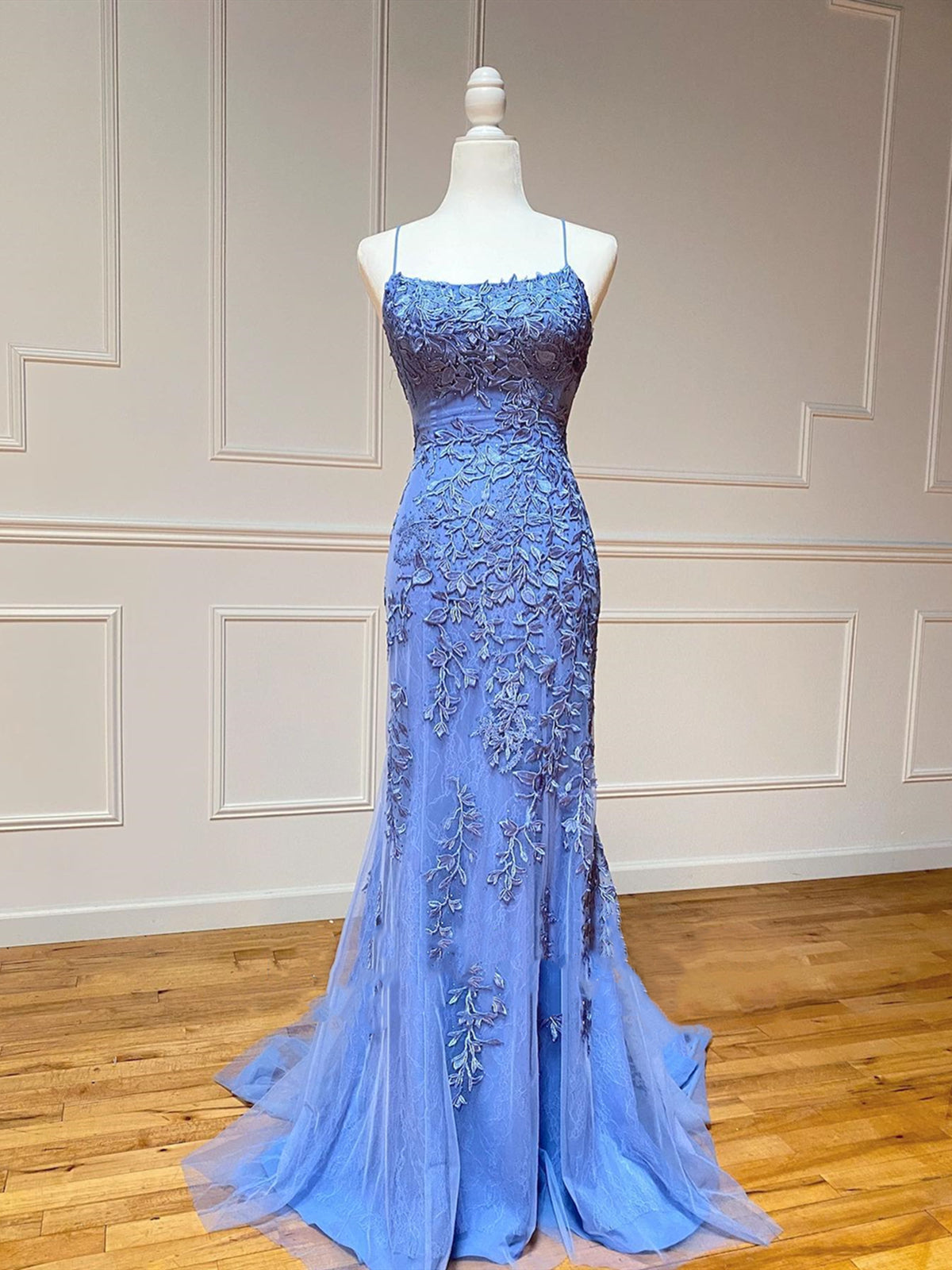 Backless Blue Lace Mermaid Prom Dresses Open Back Lace Mermaid Formal Shegown 5644