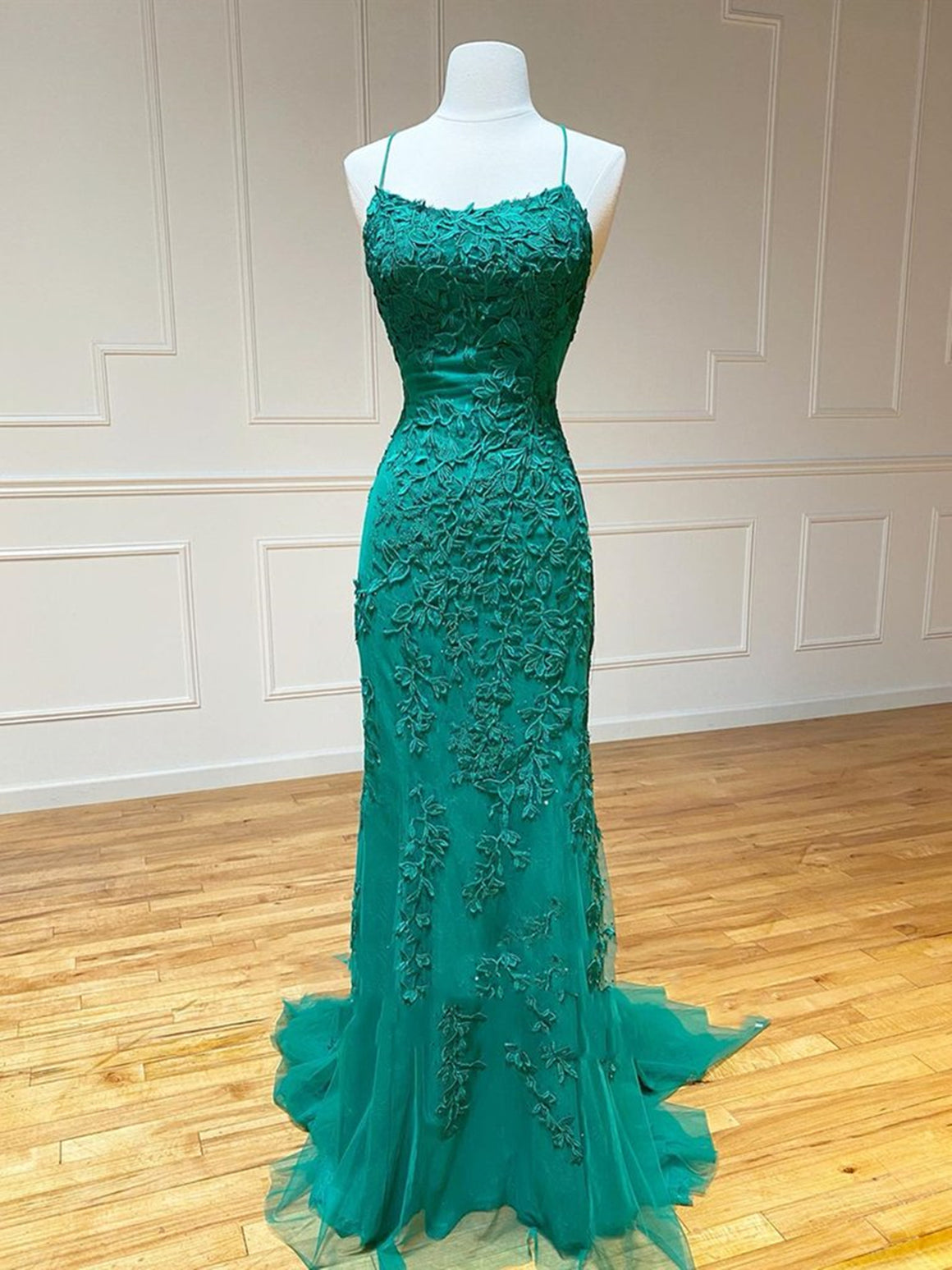Backless Green Mermaid Lace Prom Dresses, Open Back Green Lace Mermaid -  shegown