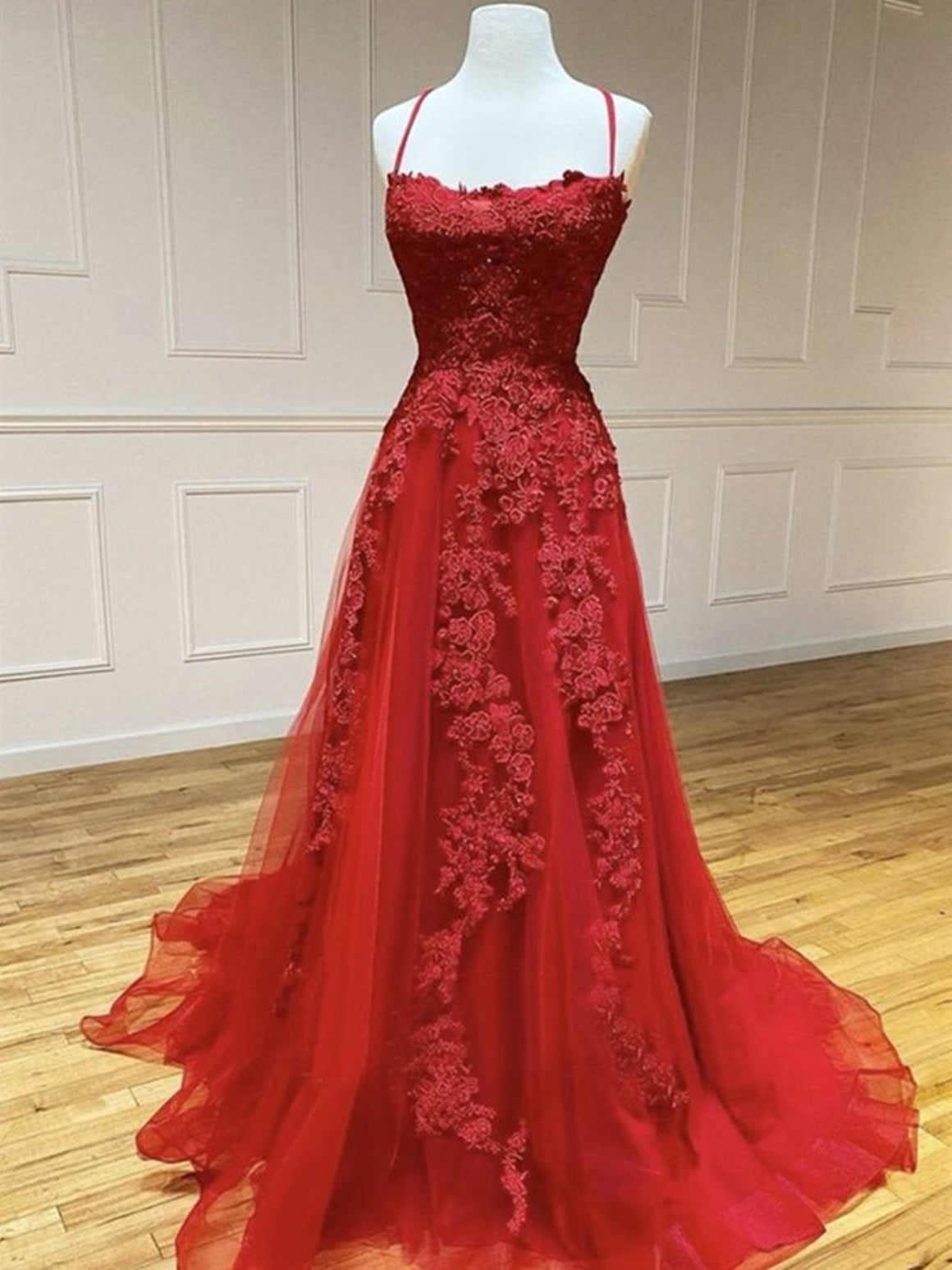 Gorgeous V Neck Backless Red Lace Evening Dress, 2024 Backless Red Lac