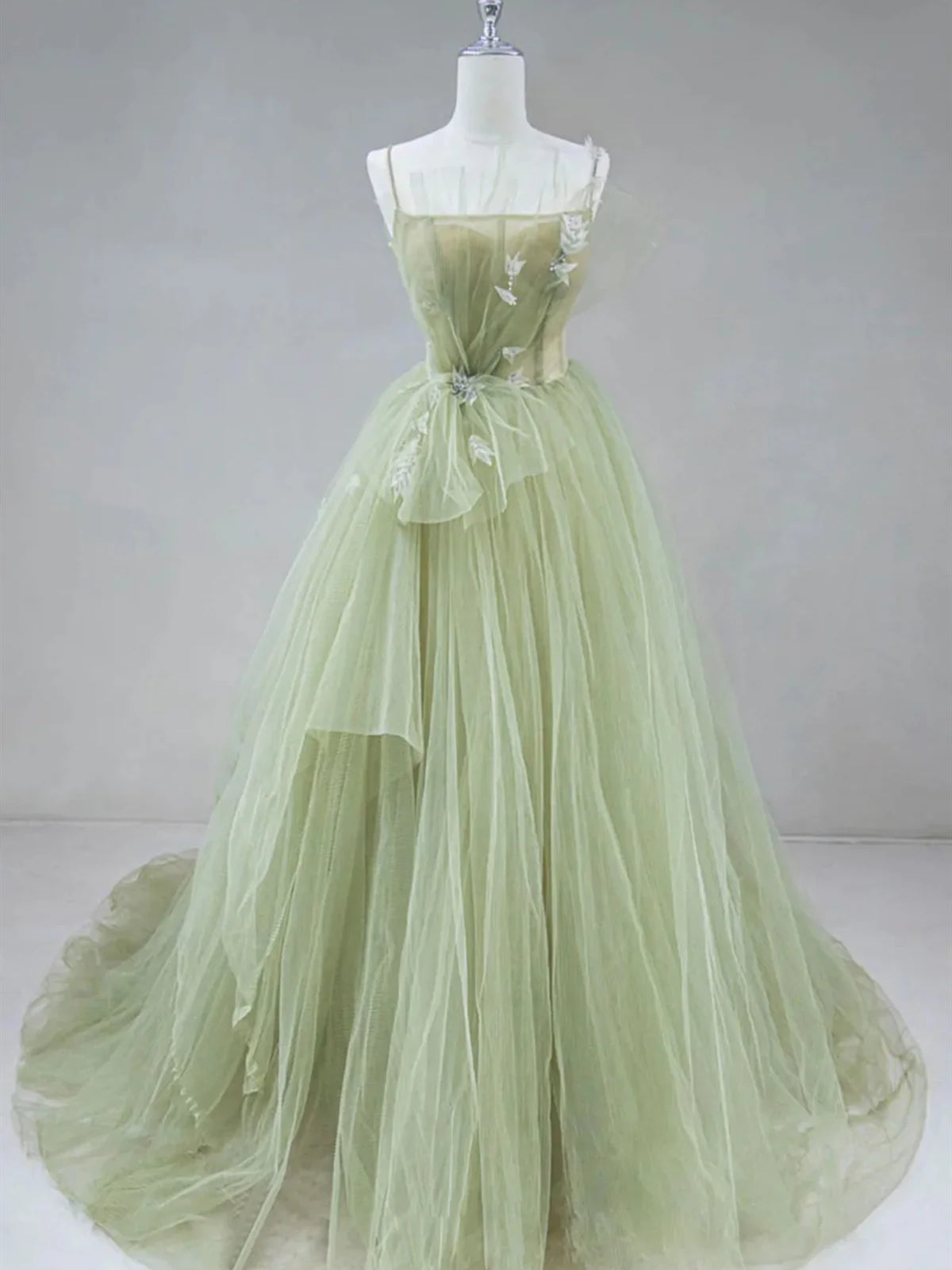 Viniodress Light Green Spaghetti Strap Prom Dresses A-Line Tulle Evening Dress FD3158 Custom Colors / US2