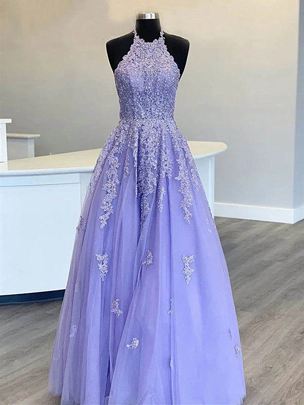 High Neck Long Purple Lace Prom Dresses, Purple Lace Formal Evening Dr ...