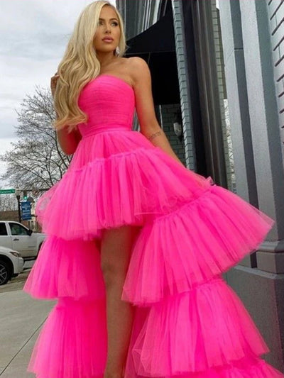 Hot Pink High Low Tulle Prom Dresses, High Low Pink Tulle Formal Gradu ...