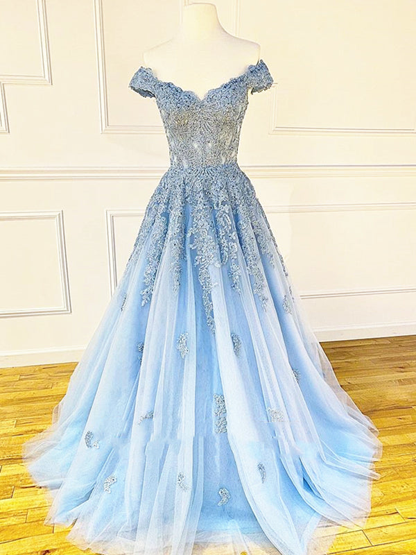 Off the Shoulder Light Blue Lace Prom Dresses, Off the Shoulder Blue L ...