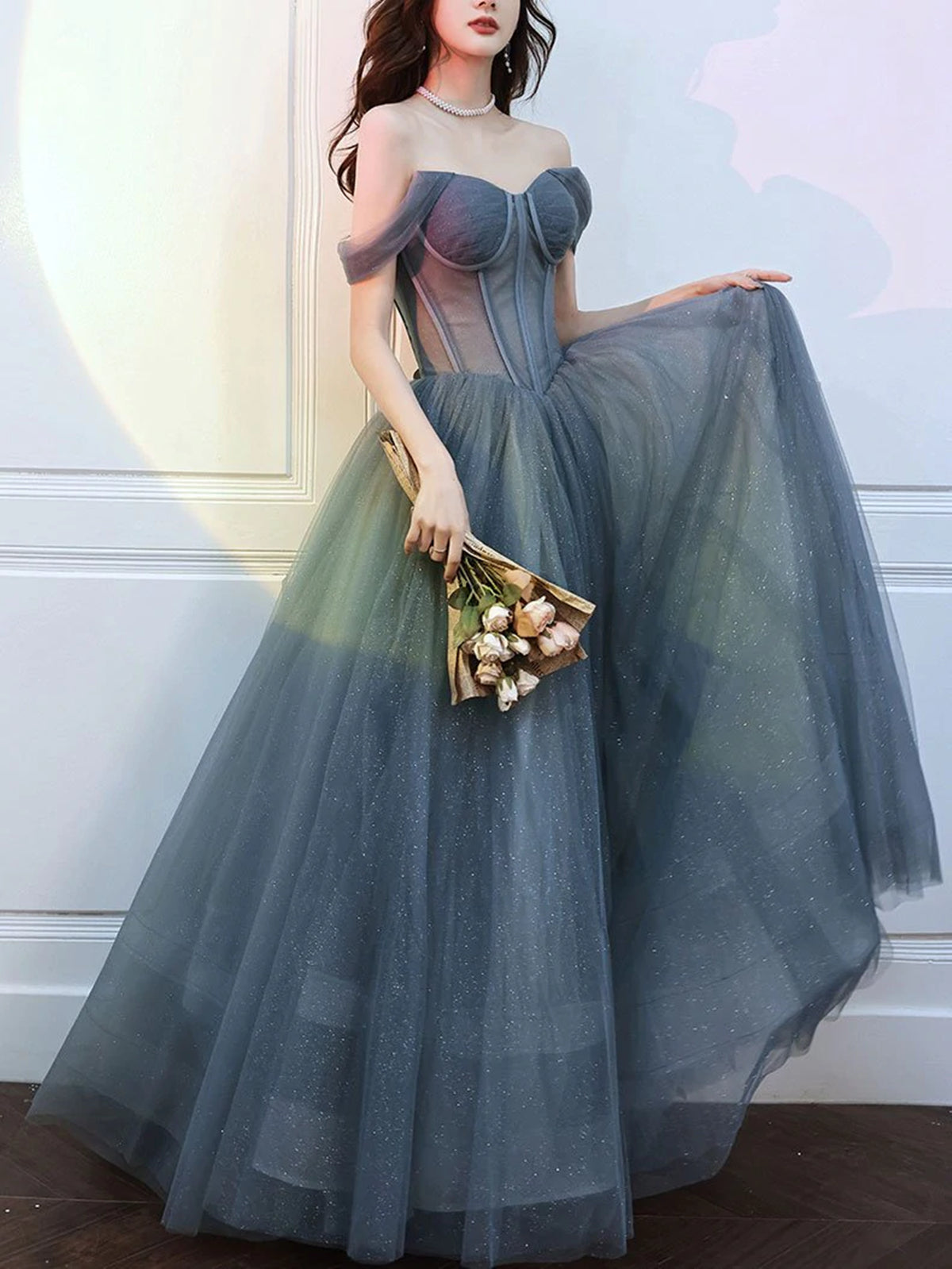 GPPZM Elegant Silver Gray Off Shoulder Evening Formal Dresses