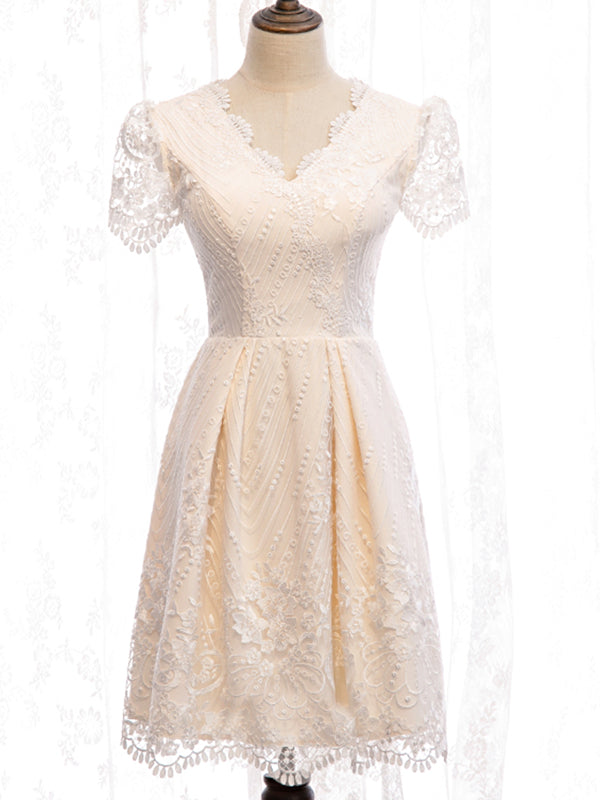 A Line V Neck Ivory Champagne Lace Wedding Dresses, Ivory