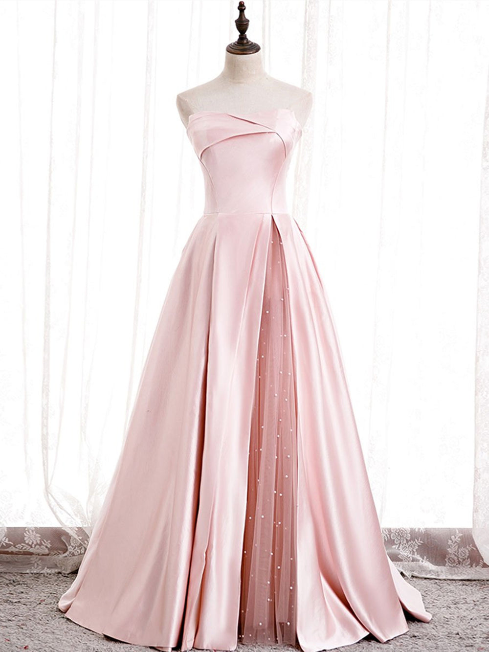 Strapless Pink Satin Prom Dresses Pink Satin Long Formal Evening Dres Shegown 