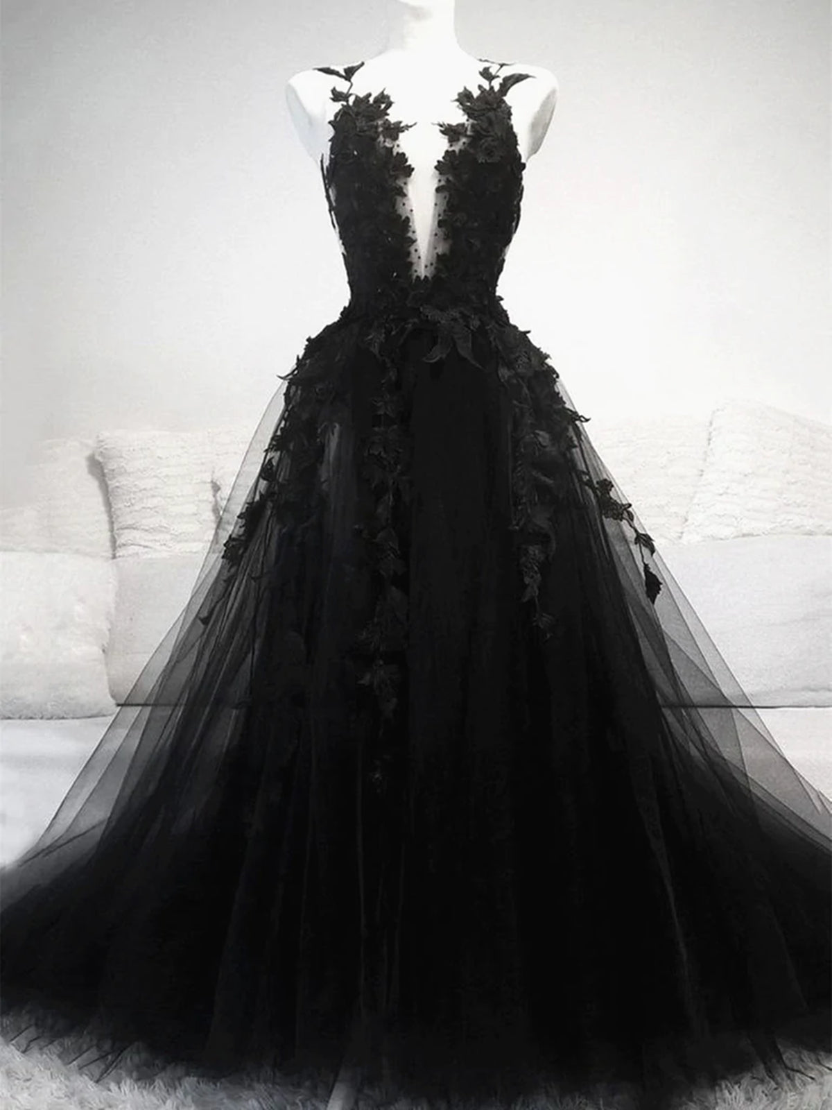 Black V-neckline Lace Straps Long Formal Dress, Black Long Evening