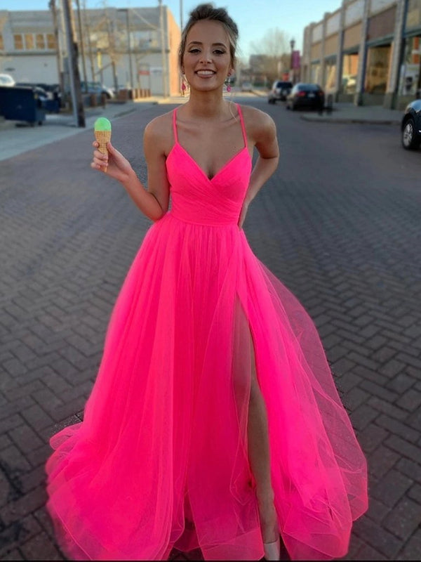 V Neck Hot Pink Long Prom Dresses, Hot Pink Floor Length Long Formal E ...