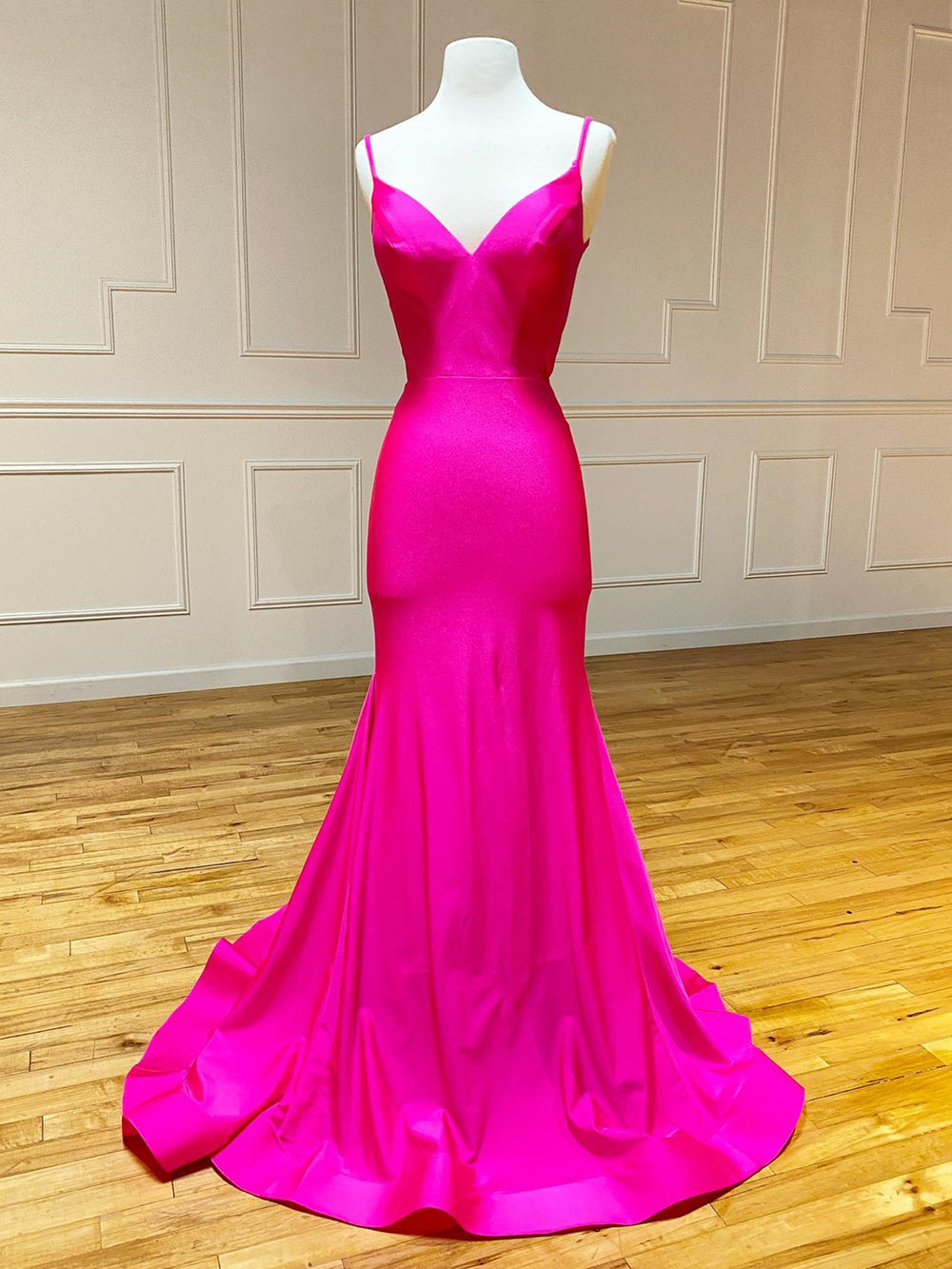 V Neck Mermaid Hot Pink Prom Dresses Hot Pink Mermaid Backless Formal Shegown 