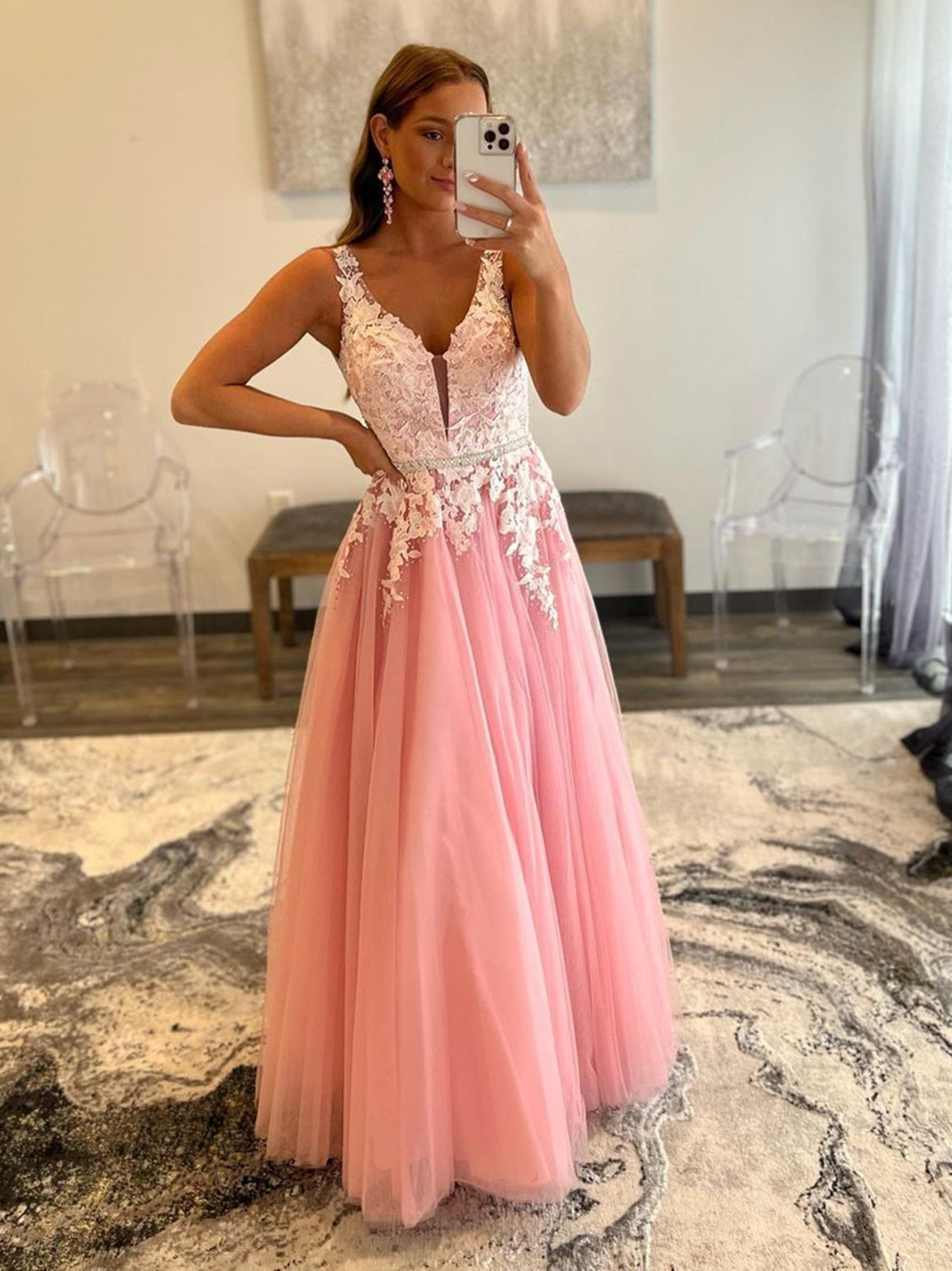 V Neck Two Pieces Pink Floral Lace Long Prom Dress, Pink Lace Formal  Graduation Evening Dress