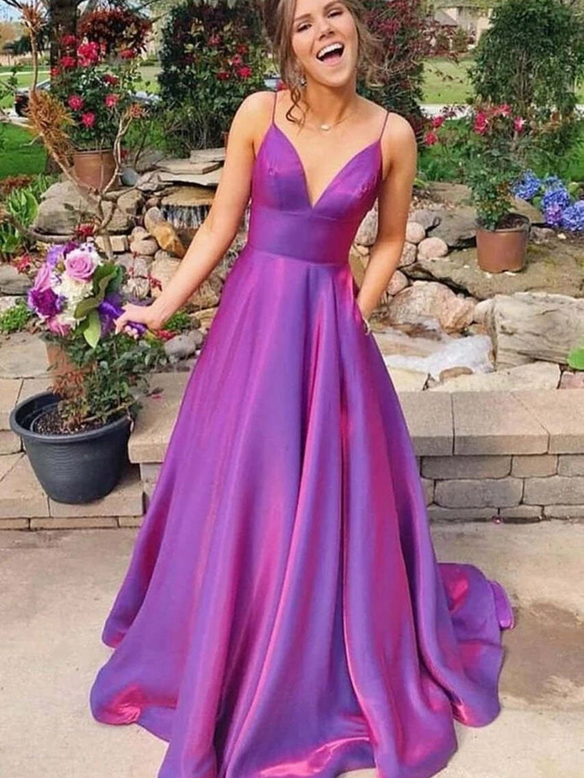 V Neck Purple Long Satin Prom Dresses, Purple Long Satin Formal Gradua ...