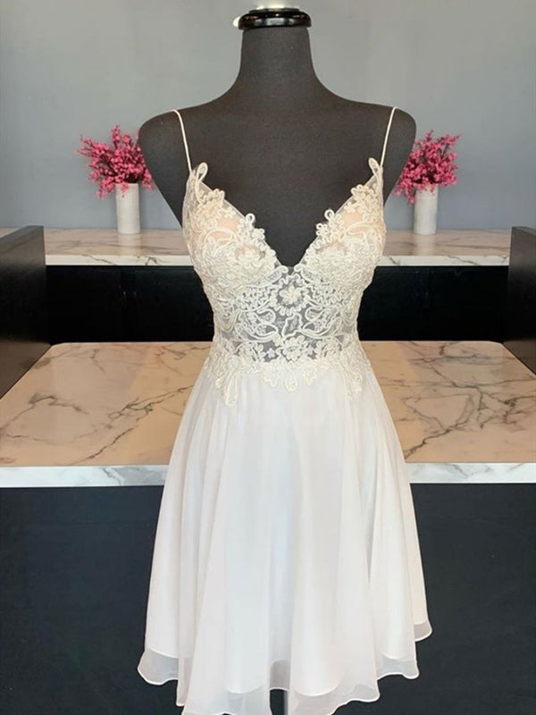 Cute Halter Neck White Lace Short Prom Dress with Belt, White Lace
