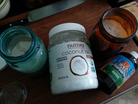 From left to right: psyllium husk powder, coconut oil, diotomaceous earth and liquid bentonite clay.