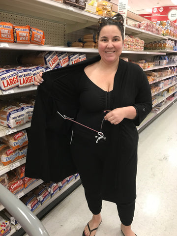 Adrienne goes to Target wearing her Brobe Surgery Recovery Robe following her tummy tuck surgery