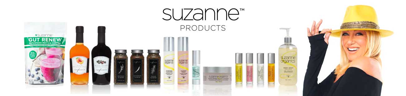 all the products lined up with a picture of suzanne somers