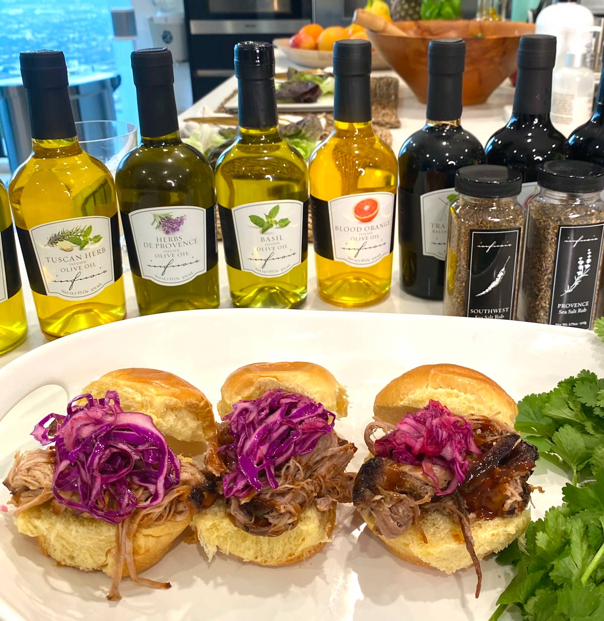 Pulled Pork Sandwiched with INFUSIO bottles