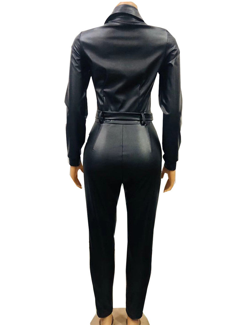 2020 Sexy Jumpsuit 's Catsuit Long Sleeve Faux Leather Bodysuit Button ...