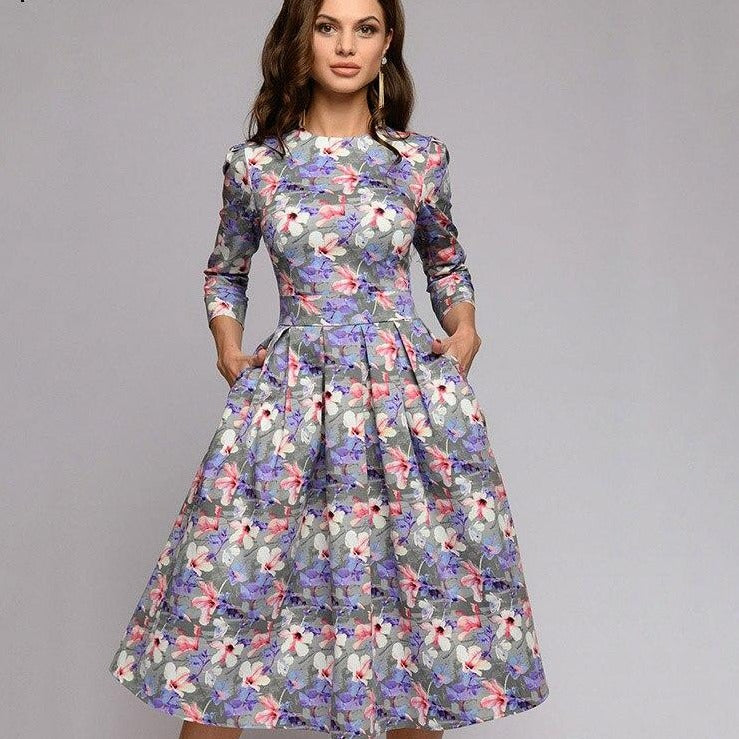 Women'S Elegent Pleated Floral Printing ALine Dress Autumn Vintage 3/4 ...