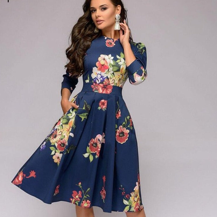 Women'S Elegent Pleated Floral Printing ALine Dress Autumn Vintage 3/4 ...